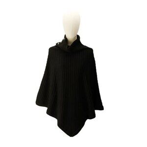 MICHAEL KORS turtleneck ribbed knit buttons women's poncho topper -BLACK